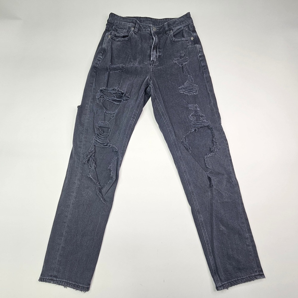 American Eagle Mom Jeans Women 2 Washed Black Good Distressed High Rise Straight